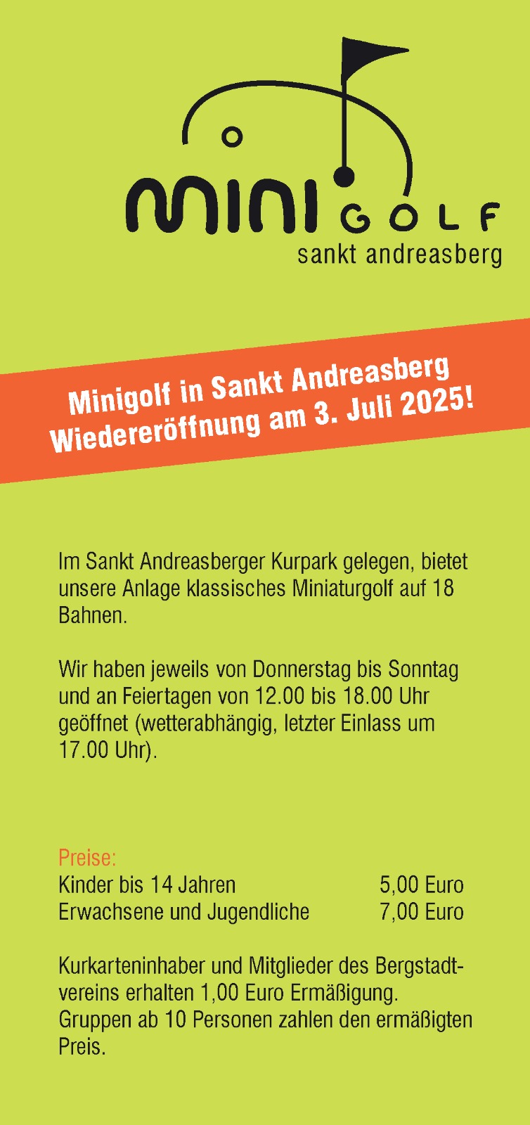 Eröffnungsflyer des neuen Betreibers mit neuen Preisen und Öffnungszeiten